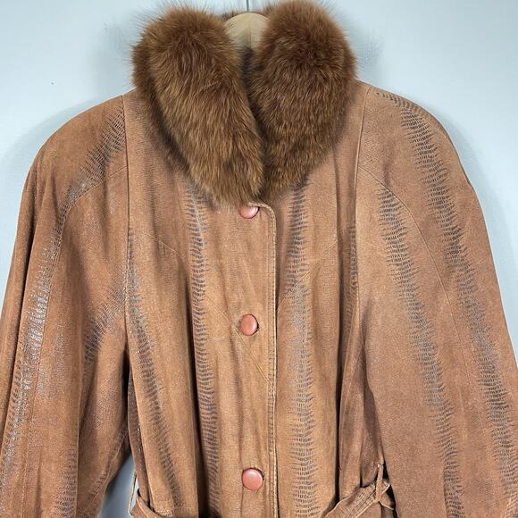 Vtg 70s Suede Trench Coat w/ Genuine Fox Fur Collar Women’s L Brown Aspen Chic - Picture 3 of 16